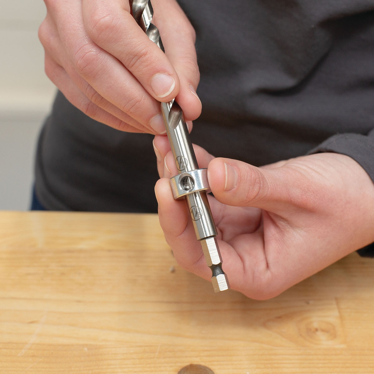 Kreg Easy-Set Drill Bit with Stop Collar &amp; Gauge/Hex Wrench stop collar being adjusted on the bit for pocket-hole joinery setup