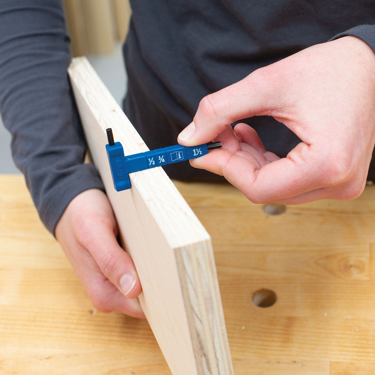 Kreg Easy-Set Drill Bit with Stop Collar &amp; Gauge/Hex Wrench thickness gauge checking plywood panel thickness during woodworking setup