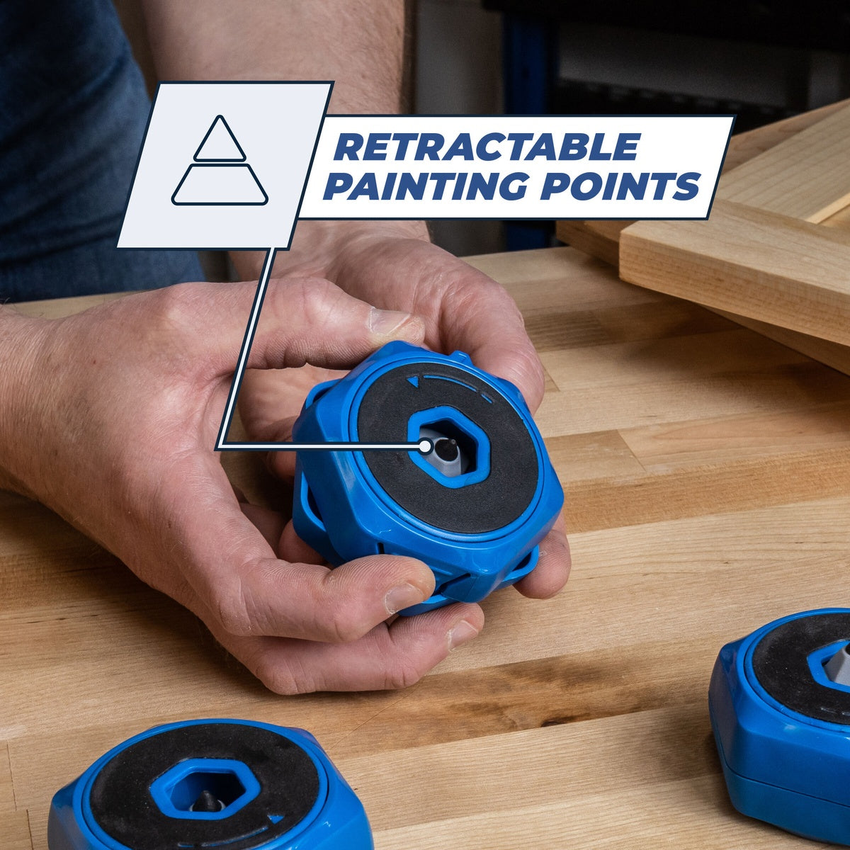 Kreg KFS-PUCK Multipurpose Project Blocks with retractable painting point supporting a wood project for painting and finishing
