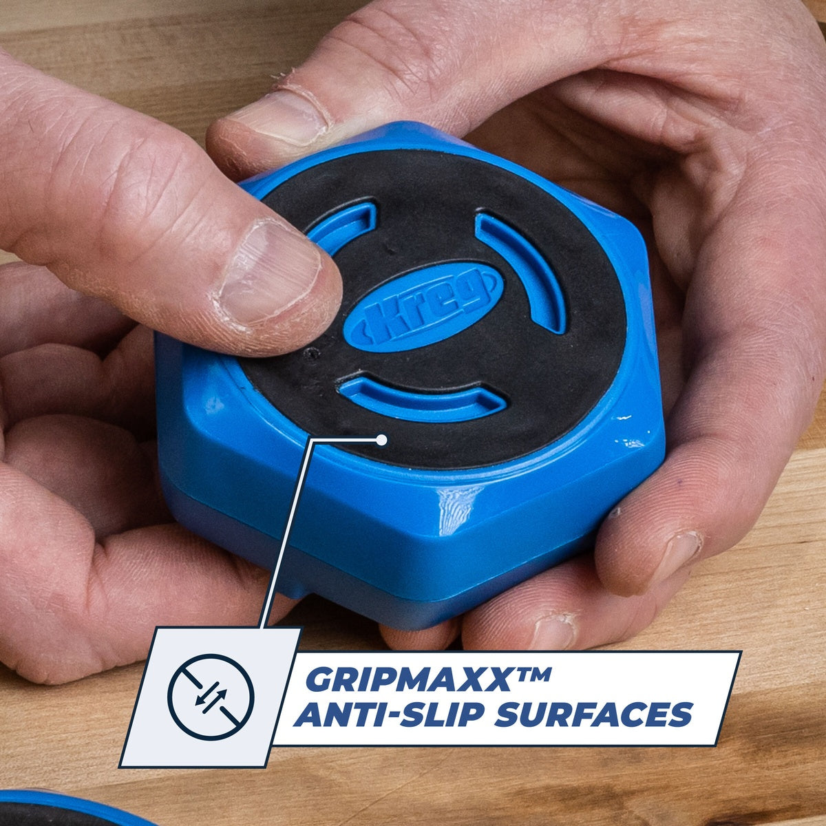 Kreg KFS-PUCK Multipurpose Project Blocks with GripMaxx anti-slip surface used on a woodworking bench for stable support