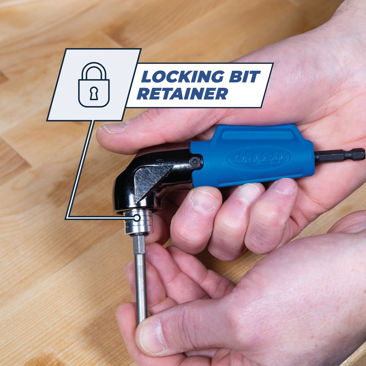 Kreg KDRV-90DG 90 Degree Pocket-Hole Driver being held for tight-access screw driving on a wood workbench during cabinet or joinery assembly