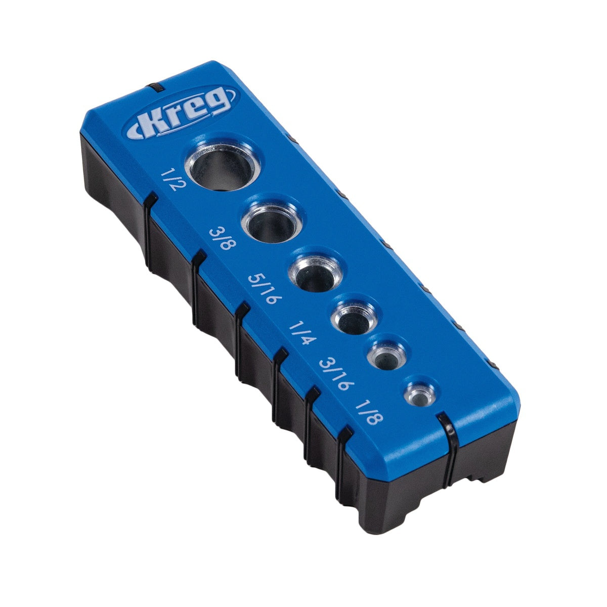 Kreg KDG-6000 Drilling Guide angled product view showing six hardened steel guide holes for handheld drilling in woodworking and hardware installation