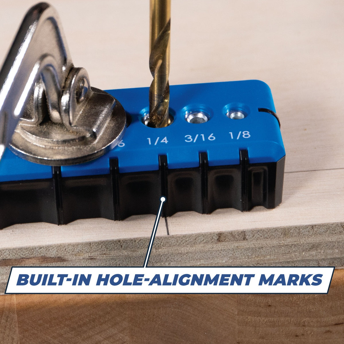 Kreg KDG-6000 Drilling Guide aligning a drill bit on plywood edge for centered woodworking hole drilling with built-in reference marks