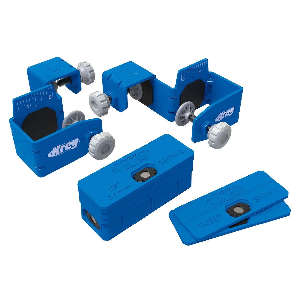 Kreg Tool KCS-DFMT-PRO Drawer Front Mounting Jig Tool System with stackable setup and spacer shims for cabinet drawer gap spacing
