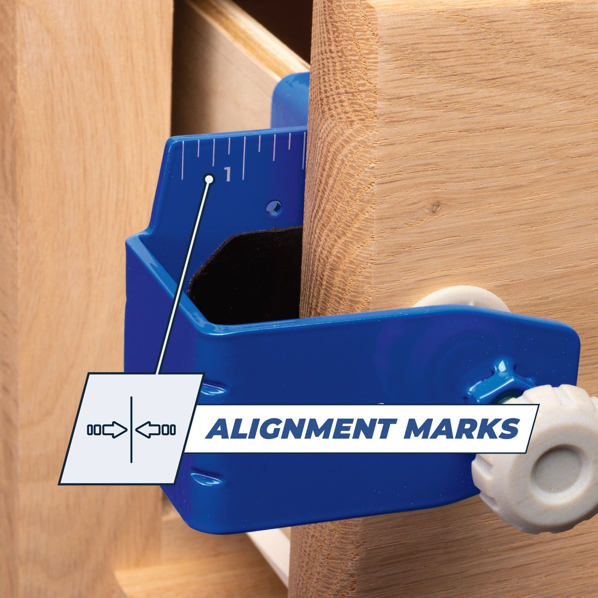 Kreg Tool KCS-DFMT-PRO Drawer Front Mounting Jig Tool System aligning a wood drawer front inside a cabinet opening for accurate reveal setup