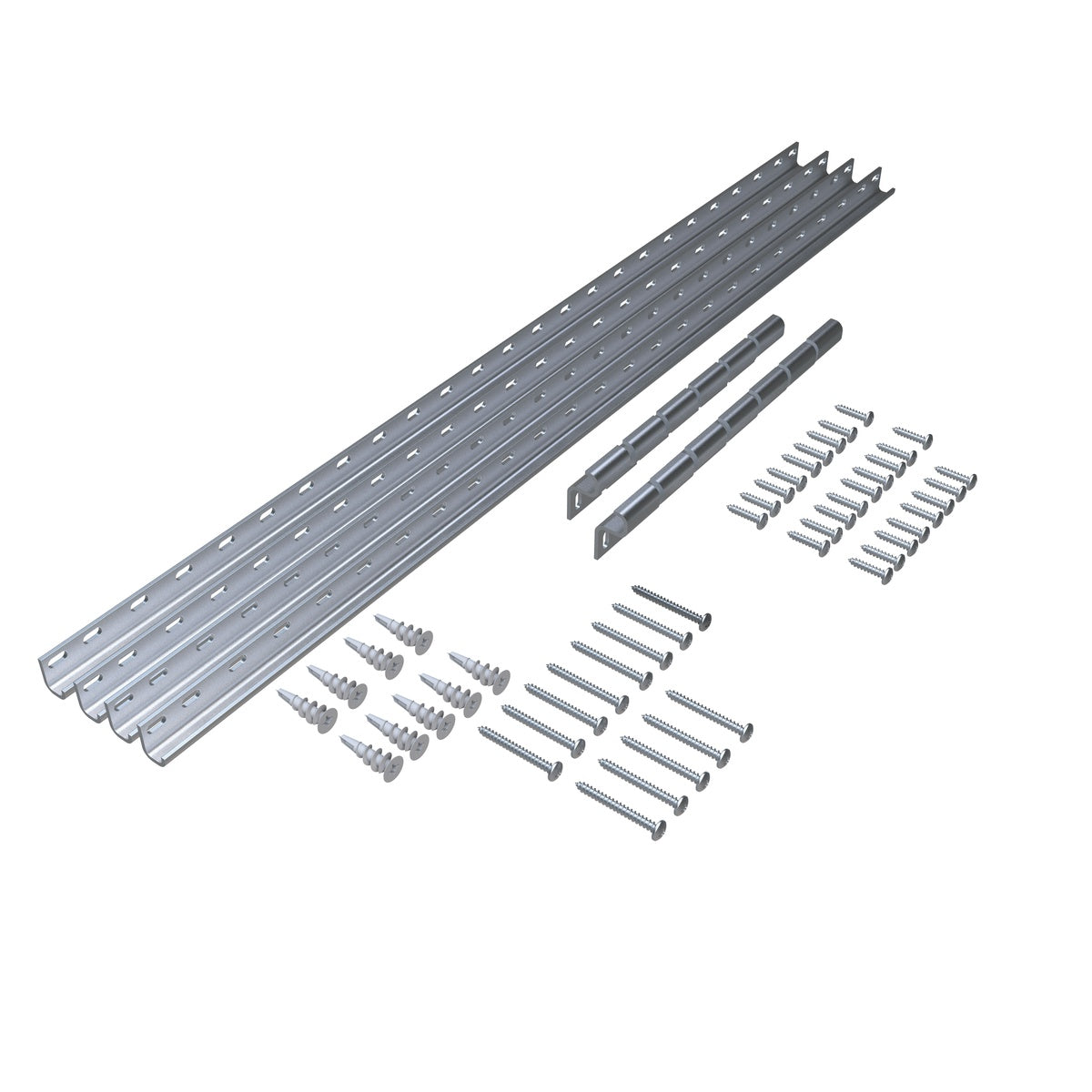 Kreg Tool KCS-100 8 ft. Cabinet Installation System with steel wall channels, cabinet brackets, screws, and drywall anchors for wall cabinet installation on kitchen and built-in storage projects