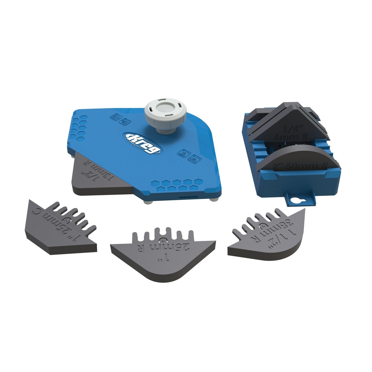 Kreg Tool PRS1000 Corner Routing Guide Set with interchangeable radius and chamfer templates for routing wood corner profiles in a woodworking shop