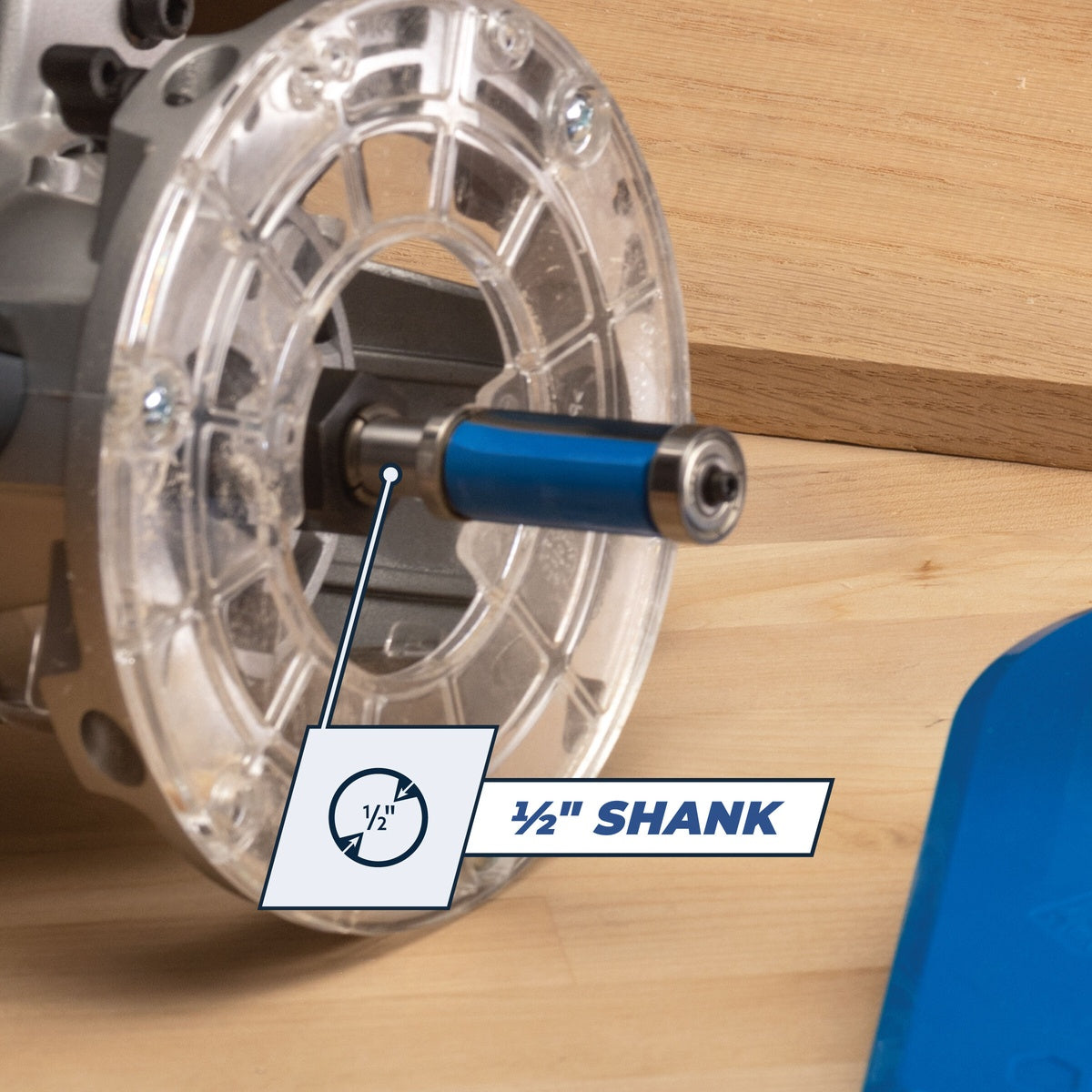 Kreg PRS500 Flush-Trim Bit 1/2 Shank installed in a router for guided edge trimming on a woodworking bench