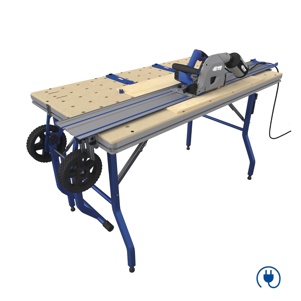 Kreg Tool ACS3100 Adaptive Cutting Plunge-Cut Track Saw Master Kit set up on the project table for guided plywood and board cutting in a workshop