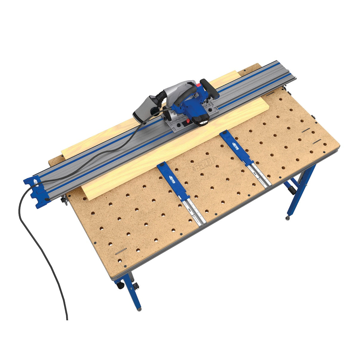 Overhead view of the Kreg Tool ACS3100 Adaptive Cutting Plunge-Cut Track Saw Master Kit making a guided cut on lumber across the project table