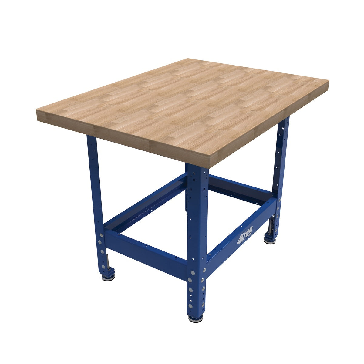 Kreg Tool HWBT-3224 Hardwood Bench Top installed on a bench base in a workshop setup for assembly and shop support work
