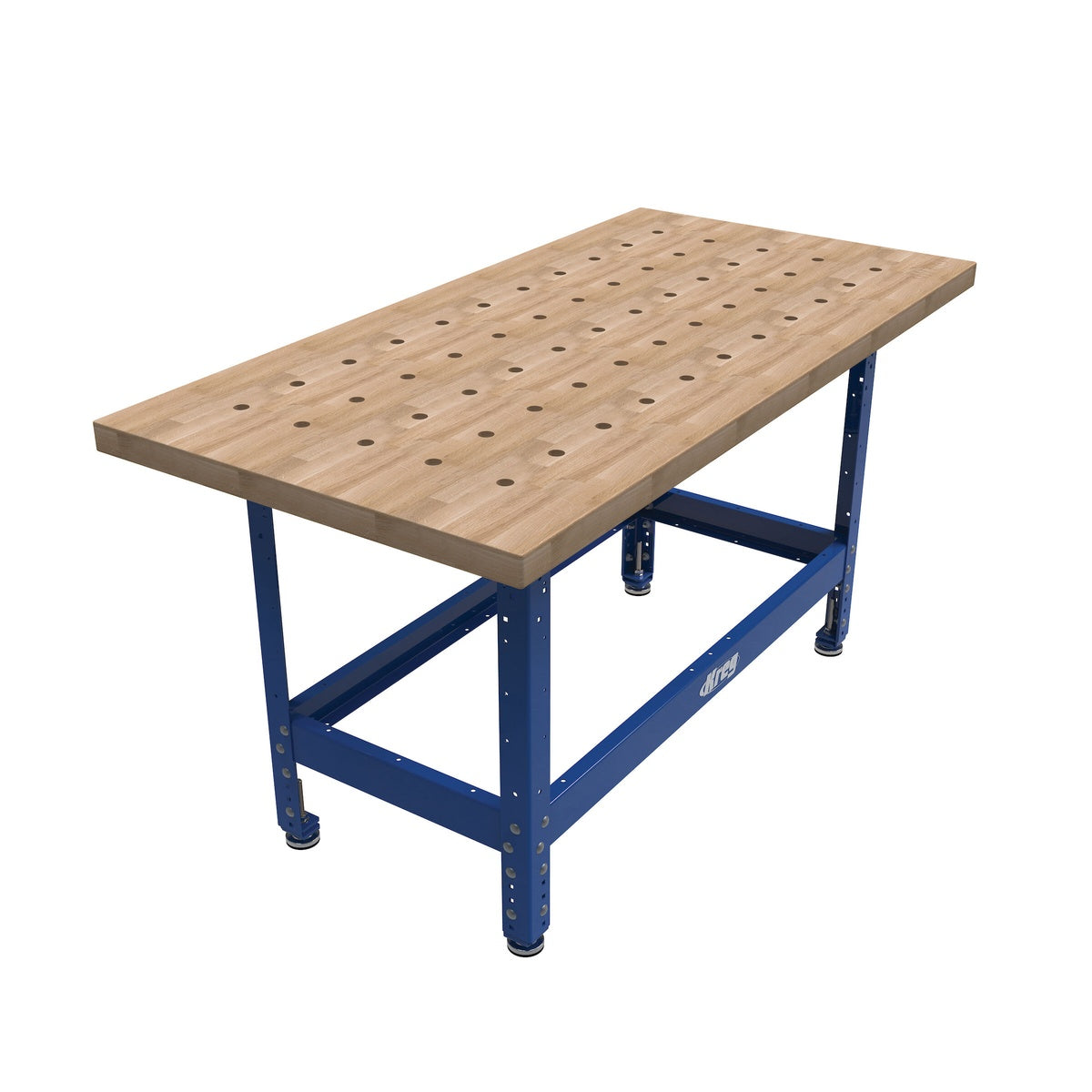 Kreg Tool HWBT-4824-DH Hardwood Bench Top 24 x 48 with Dog Holes mounted on a bench base for clamping and assembly work in a workshop setting