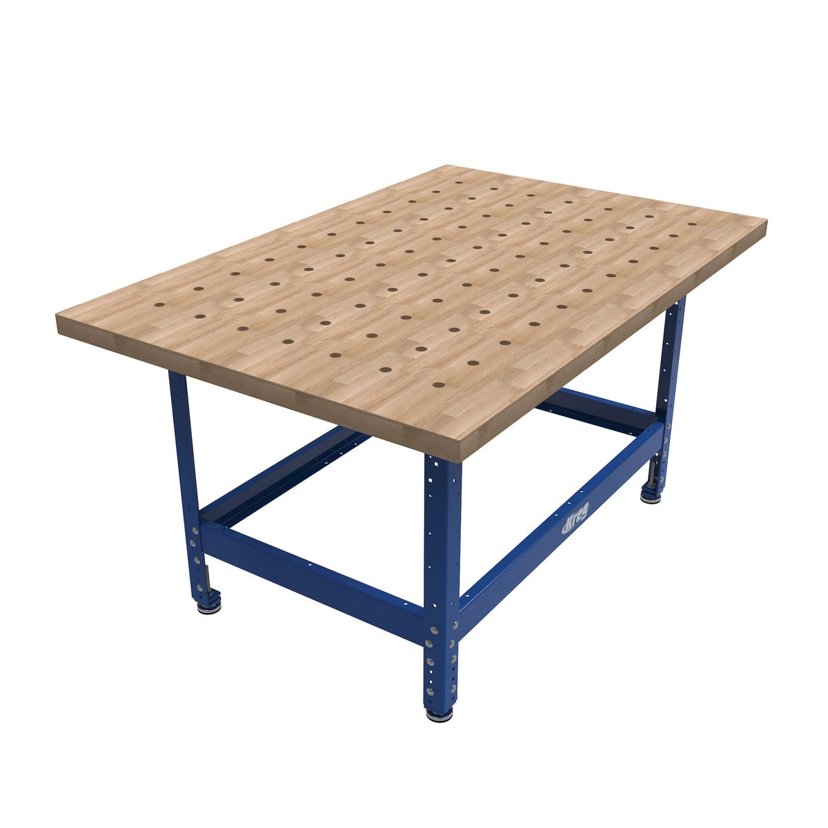 Kreg Tool HWBT-4832-DH 48 in. x 32 in. Hardwood Bench Top w/ Dog Holes mounted on a workbench base for woodworking assembly and clamping in a shop setting