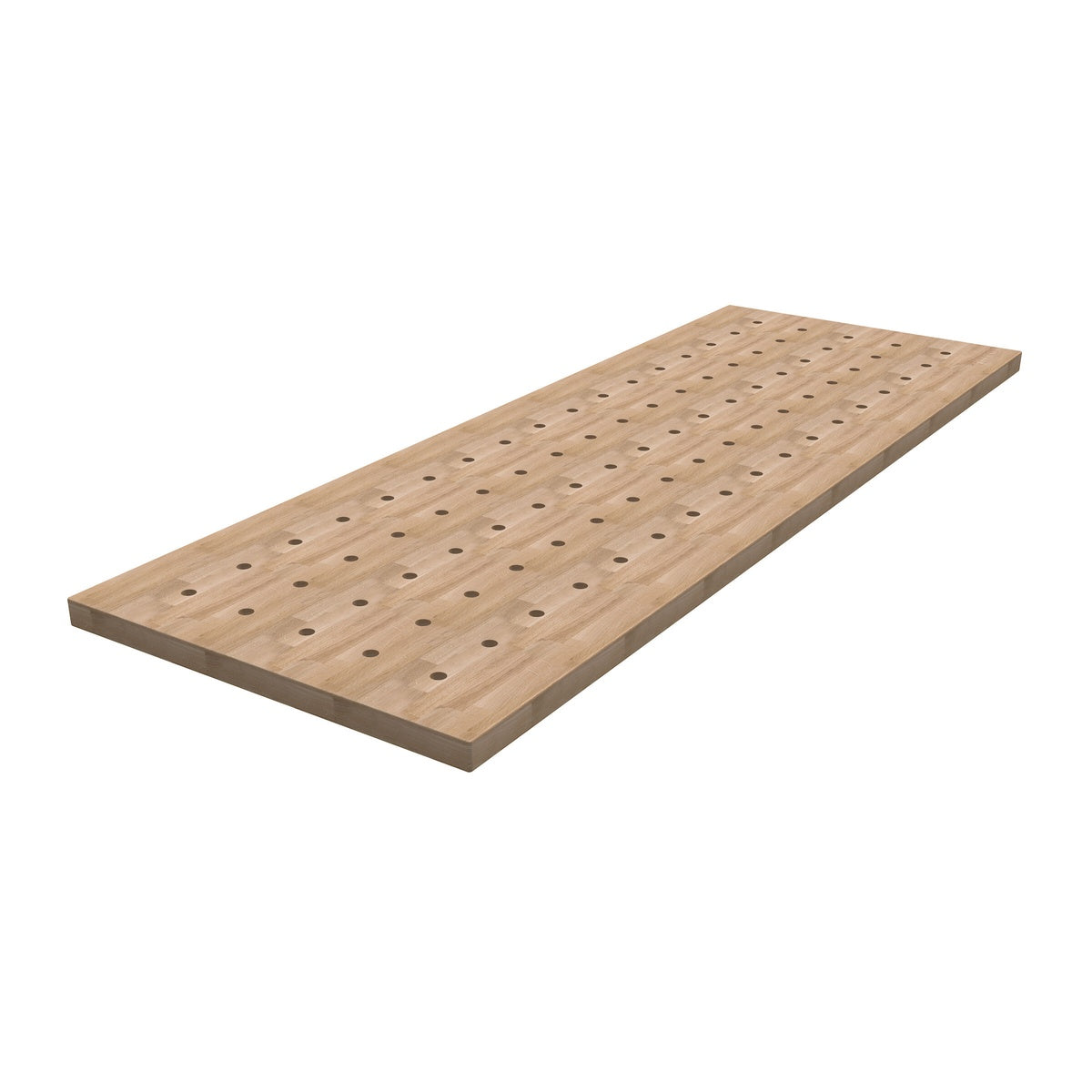 Kreg Tool HWBT-6824-DH 68 in. x 24 in. Hardwood Bench Top w/ Dog Holes on a shop bench surface with precision-machined dog holes for clamping and assembly work