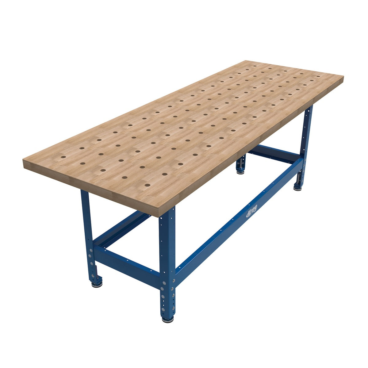 Kreg Tool HWBT-6824-DH 68 in. x 24 in. Hardwood Bench Top w/ Dog Holes mounted on a bench base in a workshop for assembly and outfeed support