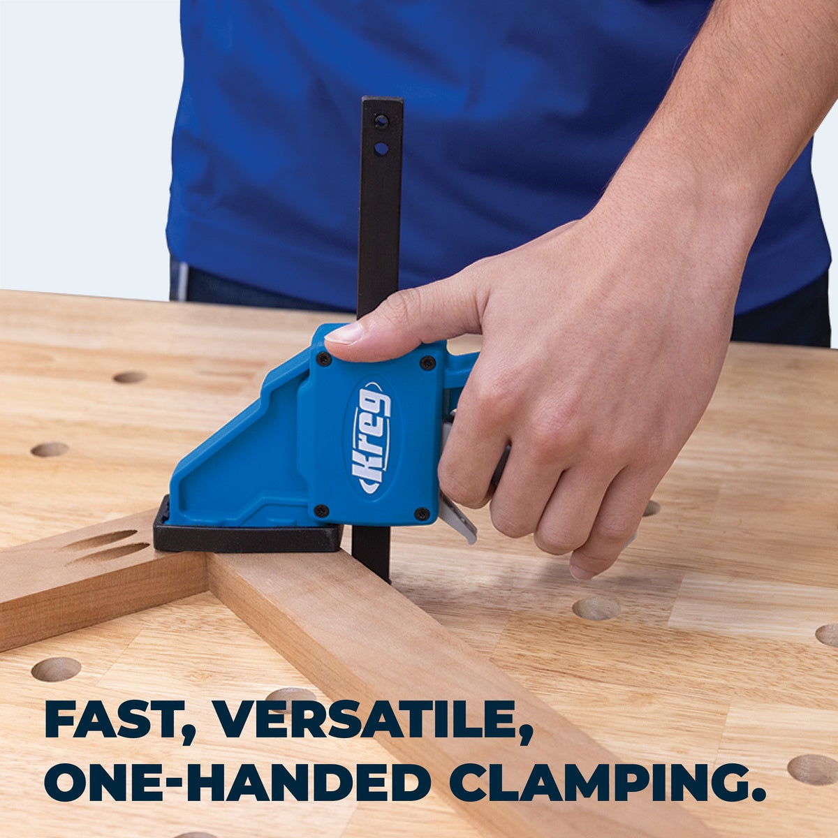 Kreg Tool KVGC6 6 in. VersaGrip Clamp securing wood parts on a workbench during woodworking assembly