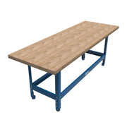 Kreg Tool UBENCH-6824 68 in. x 24 in. Universal Bench w/ Hardwood Top workbench with butcher block top in a workshop setup for assembly and clamping tasks
