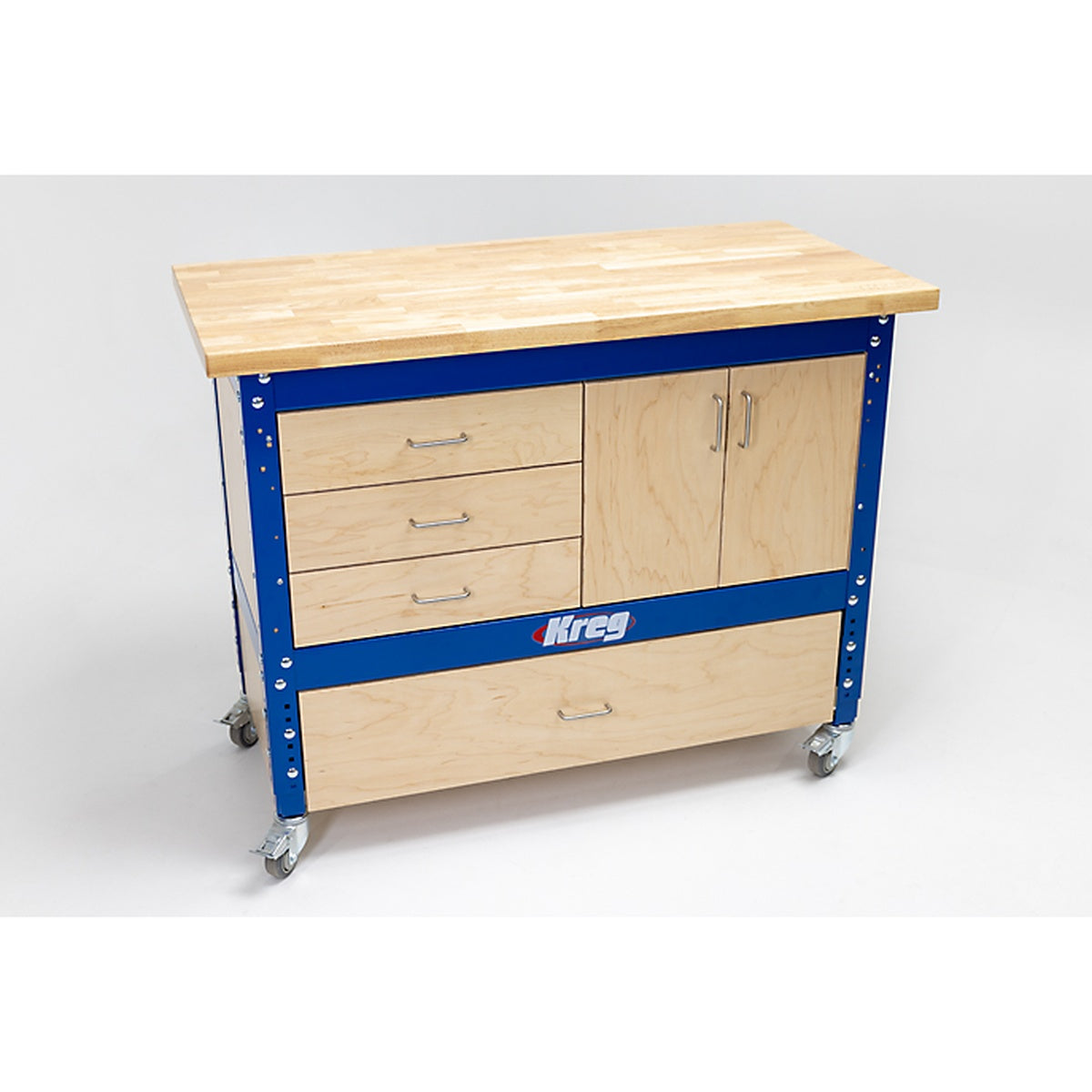 Kreg Universal Bench with Hardwood Top 24 x 68 with Dog Holes configured as a customizable shop workstation with storage and mobility accessories