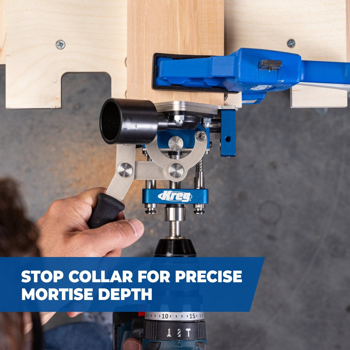 Kreg Tool KLTJC-M10 MortiseMate 10mm Mortising Cutter installed in a drill with stop collar set for repeatable mortise depth in woodworking