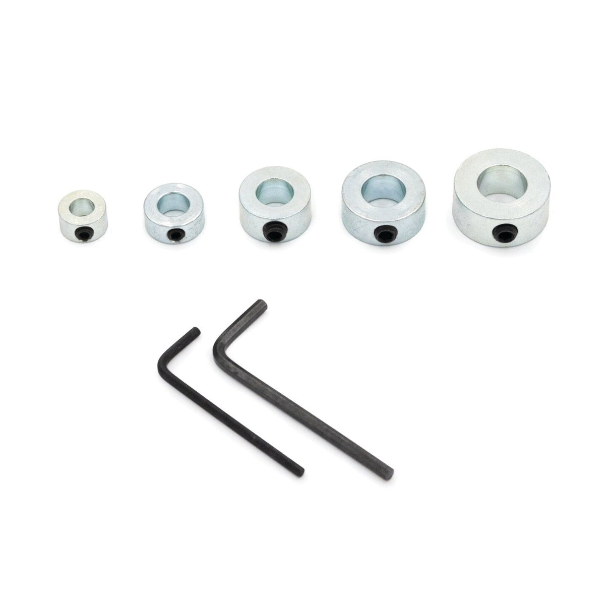 Kreg KDSC-5 Drill Bit Stop Collar Set with five steel stop collars and two hex wrenches for drill bit depth control in a woodworking shop