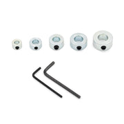 Kreg KDSC-5 Drill Bit Stop Collar Set with five steel stop collars and two hex wrenches for drill bit depth control in a woodworking shop