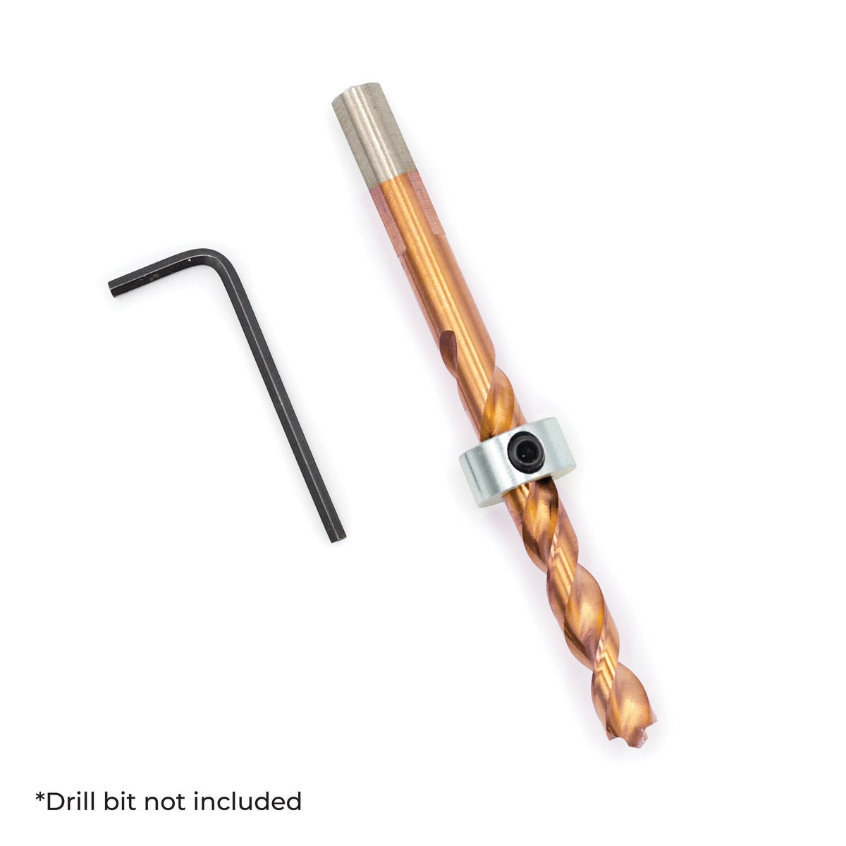 Kreg KDSC-5 Drill Bit Stop Collar Set installed on a drill bit with hex wrench for setting drilling depth before woodworking tasks