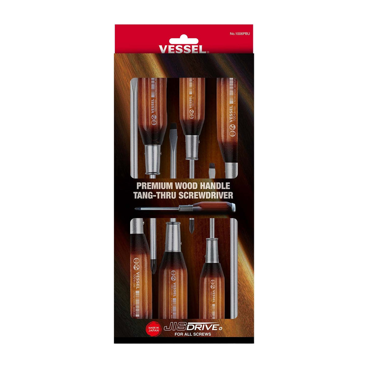 Vessel 1006PBU premium wood handle tang-thru screwdriver set, 6-piece