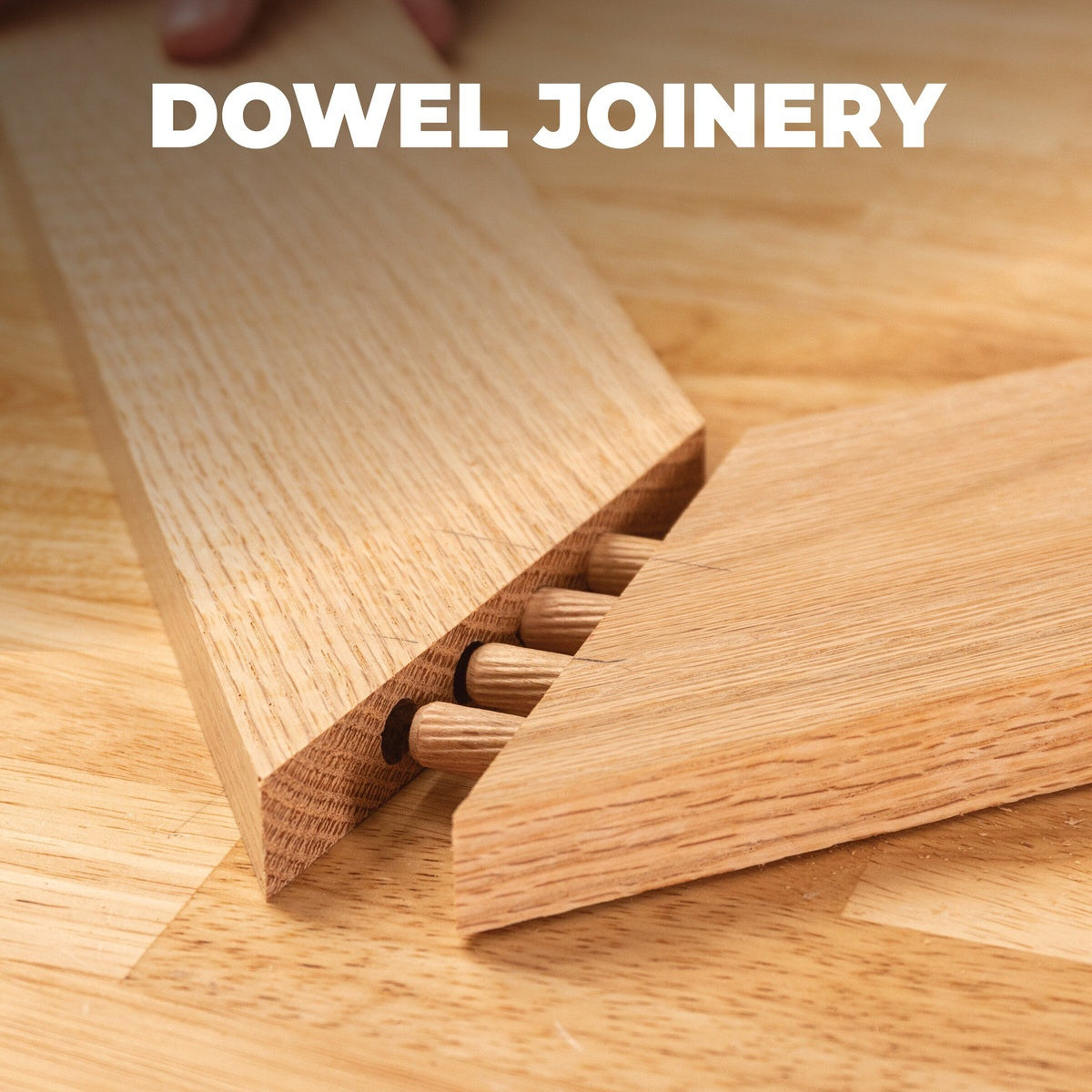 Kreg KD500-20 Fluted Wood 1/2 in. Dowel Pins, 20-Pack installed in hardwood boards for dowel joinery during furniture and cabinet assembly