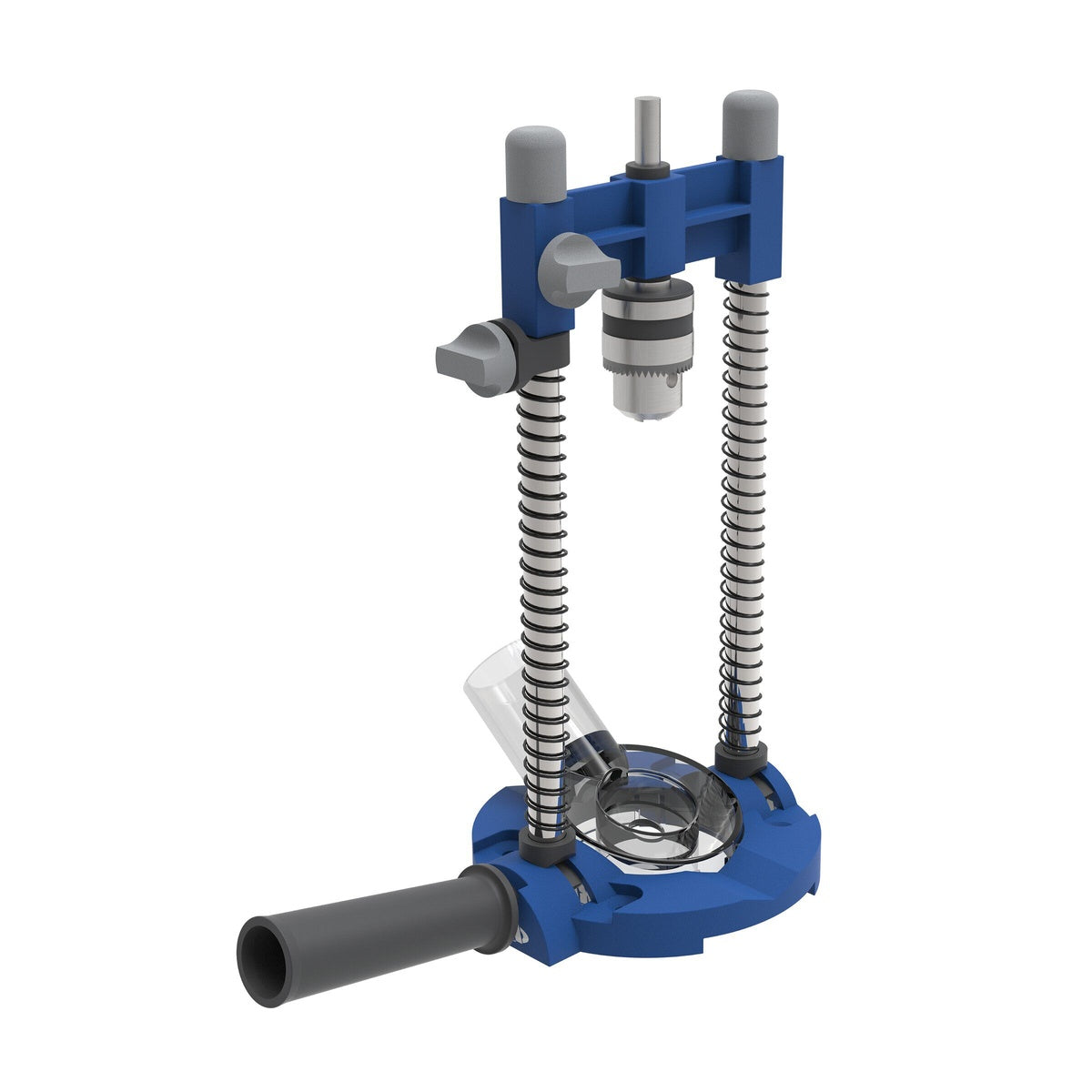 Kreg Drill Guide Pro drill guide showing handle, self-centering base, and vacuum port for controlled drilling on narrow stock and round workpieces in a woodworking shop