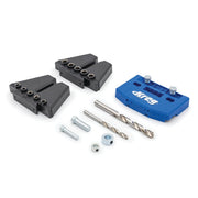 Kreg KHJD345 Dowel Joinery Jig Kit with 1/4 inch and 3/8 inch guide blocks, drill bits, stop collars, and alignment pins for woodworking joinery setup on a bench