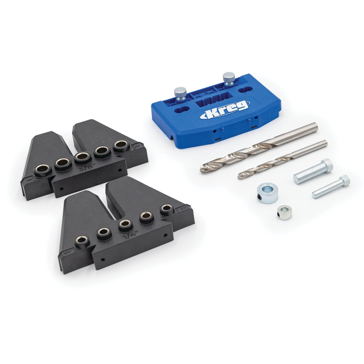 Kreg KHJD345 Dowel Joinery Jig Kit components arranged for woodworking, showing hardened steel drill guides and matched drilling accessories for accurate dowel hole placement