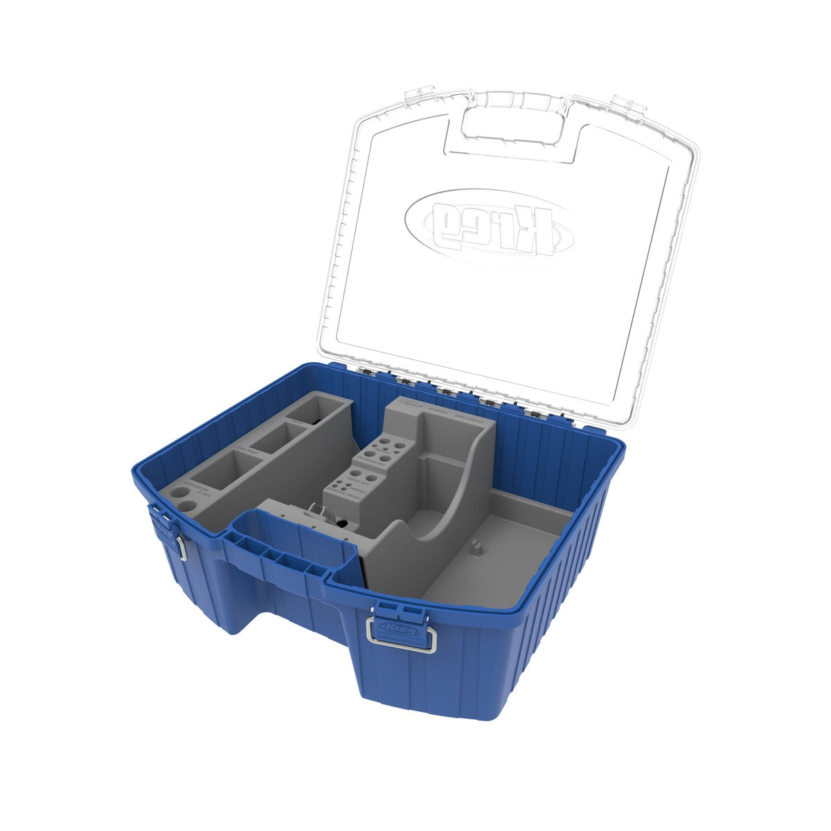 Kreg Tool KTC55 System Organizer open with fitted storage insert for pocket-hole jig accessories in a woodworking shop setup