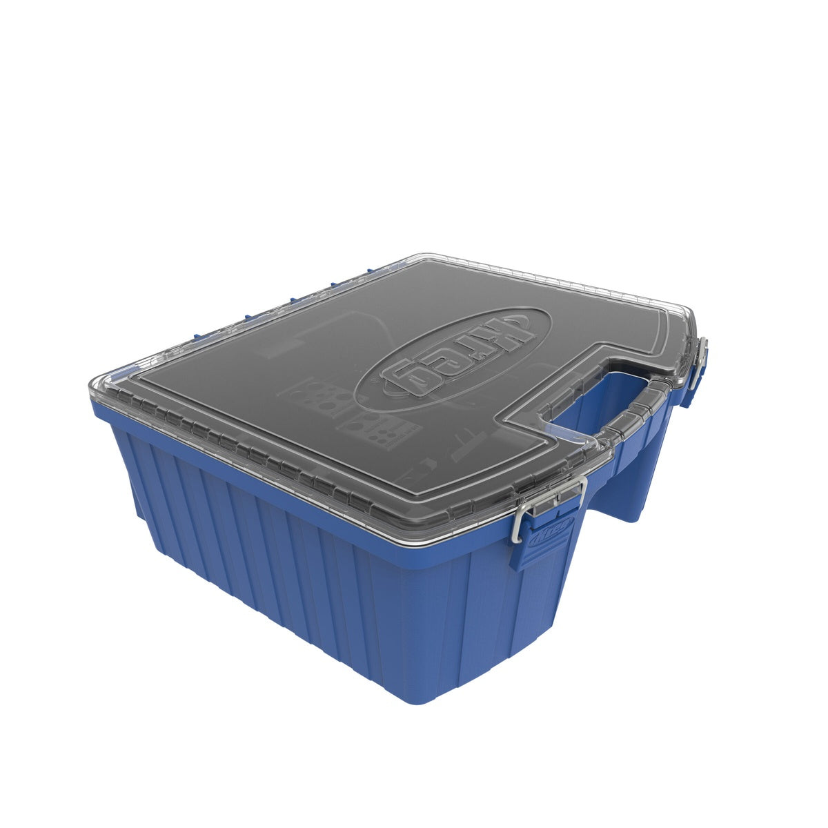 Kreg Tool KTC55 System Organizer closed with transparent lid and carry handle for transporting woodworking jig accessories to the jobsite