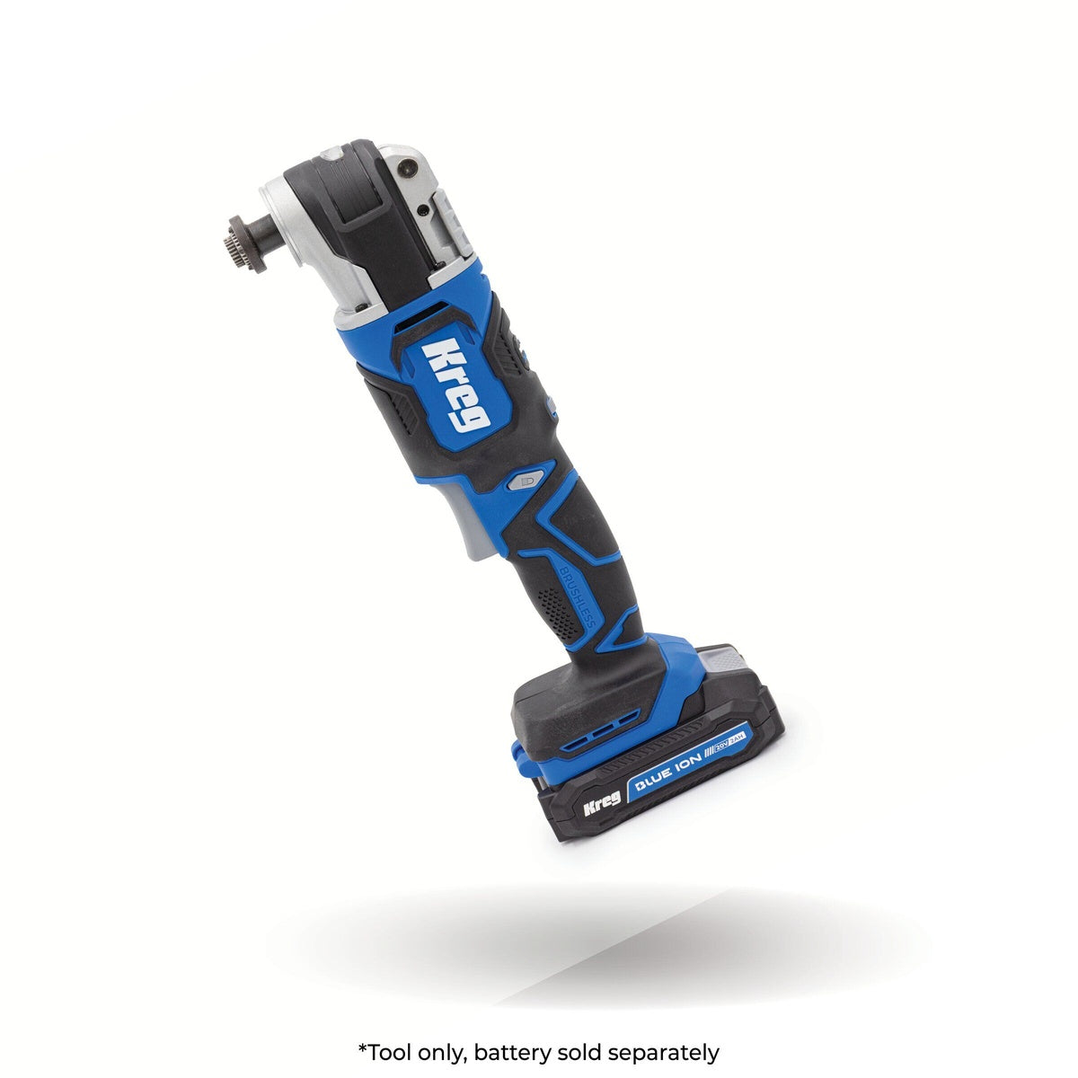 Kreg KPTMT100A 20V Ionic Drive Oscillating Multi-Tool set up for tight-space cutting and detail work in woodworking and remodeling applications