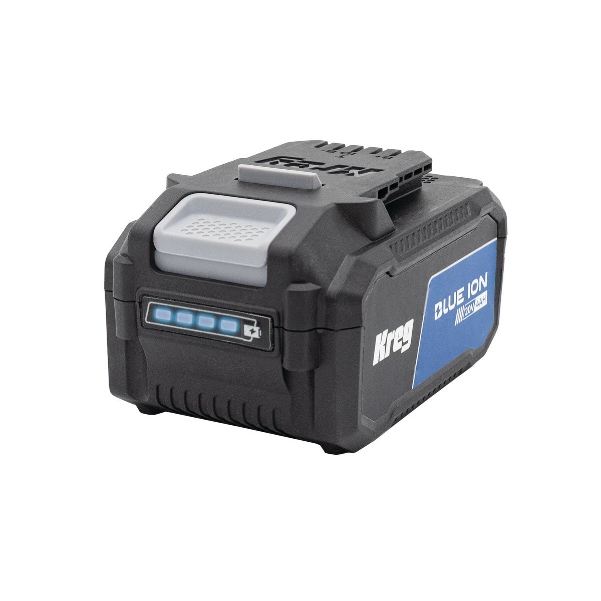 Kreg BATT4A 20V Blue Ion 4.0 Ah Battery Pack on a clean background showing the 4-LED charge indicator and compact slide-on battery design for cordless shop tools