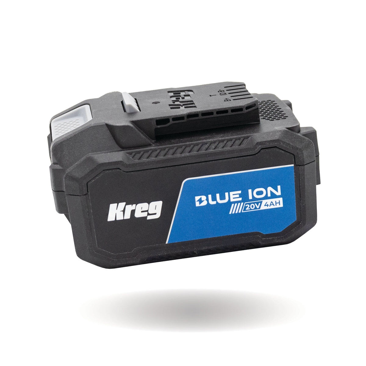Kreg BATT4A 20V Blue Ion 4.0 Ah Battery Pack angled view showing durable housing for workshop use and slide connection for Kreg 20V Ionic Drive tools