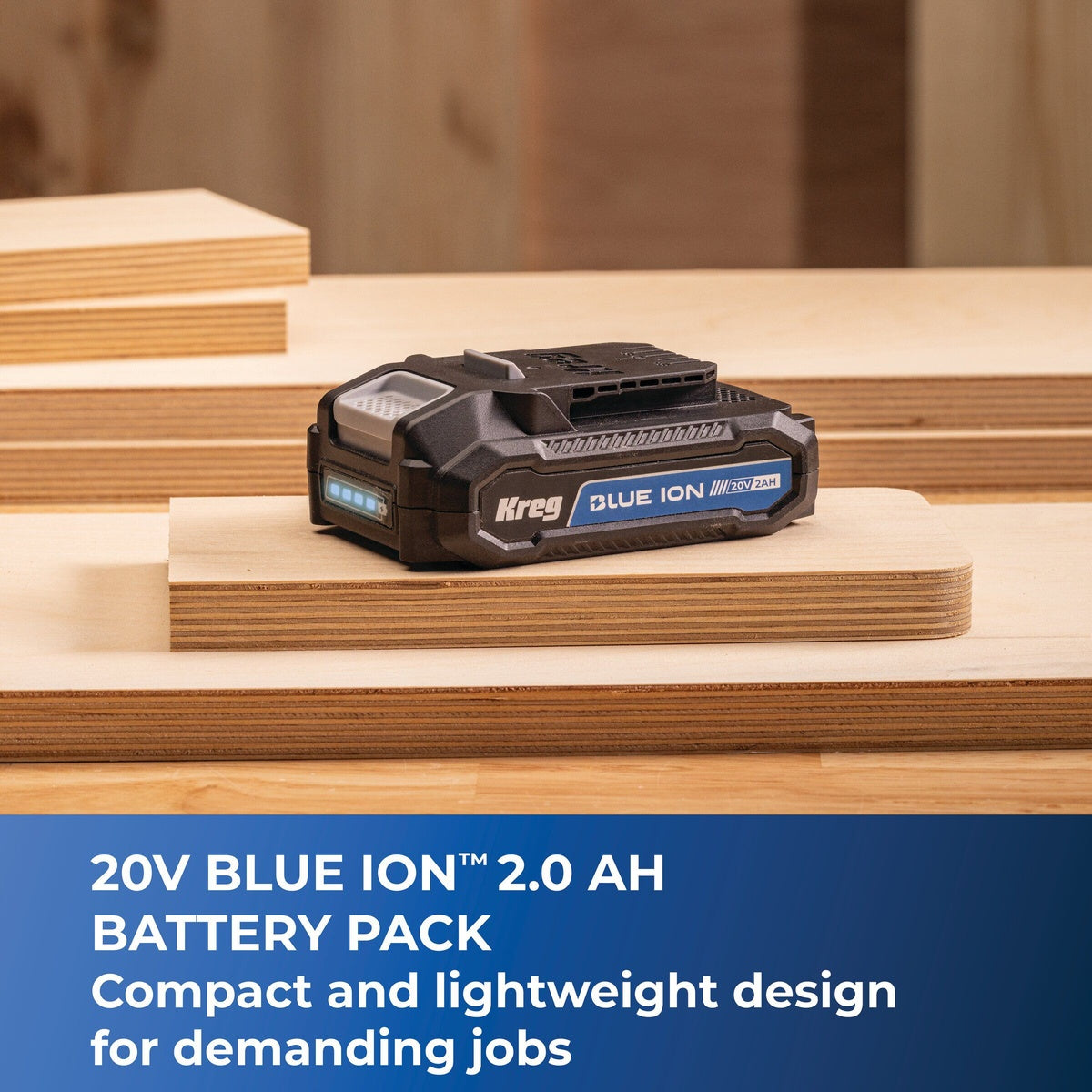 Kreg Blue Ion 20V 2.0 Ah battery pack on a woodworking bench with plywood parts in a shop environment