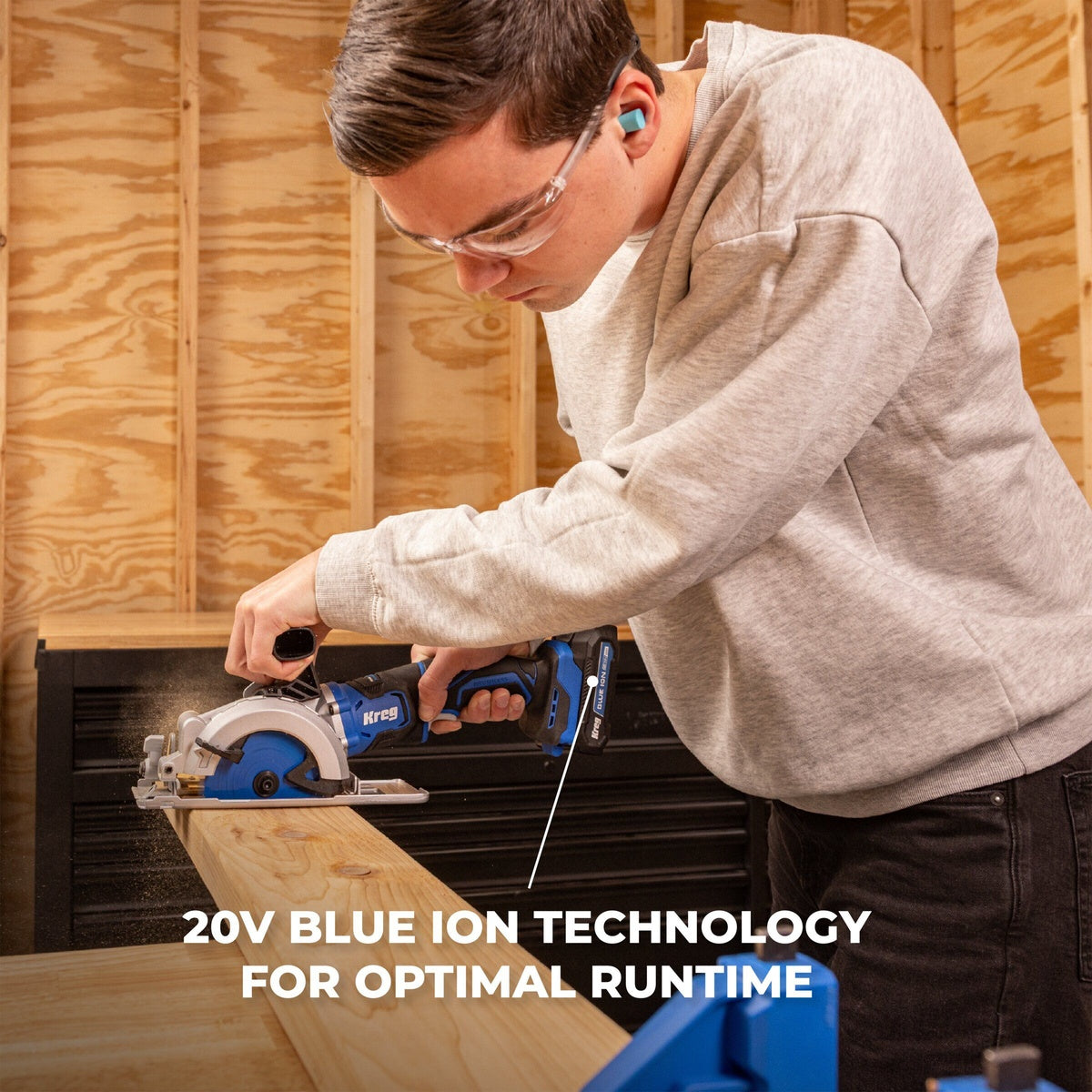Kreg BCB2A20A 20V Blue Ion Battery and Charger Starter 2.0Ah Kit powering a Kreg cordless circular saw during wood cutting in a workshop