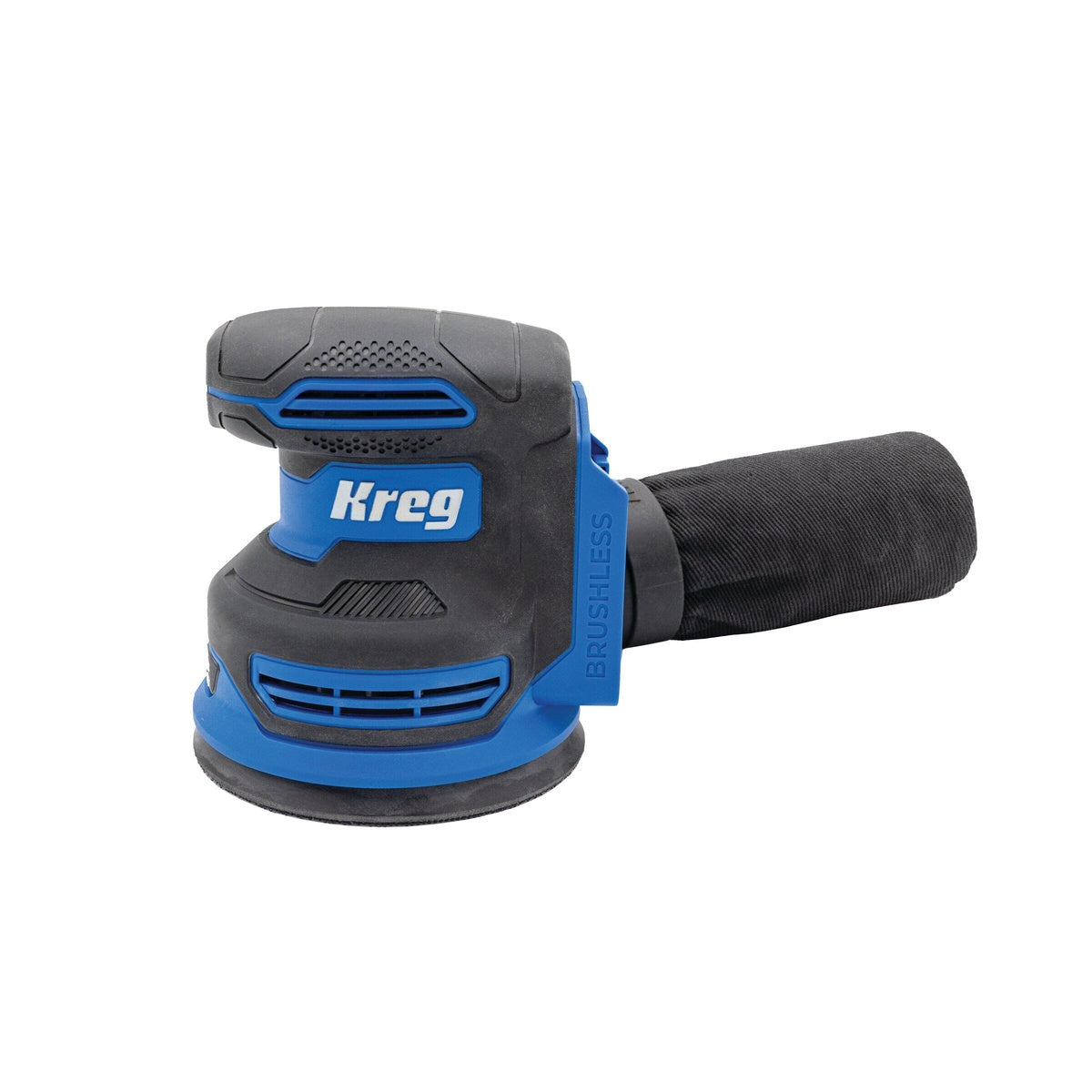 Kreg 20V Ionic Drive 5 inch Random Orbit Sander on a clean background, showing the compact body, 5 inch sanding pad, and dust bag setup for woodworking and finish sanding tasks