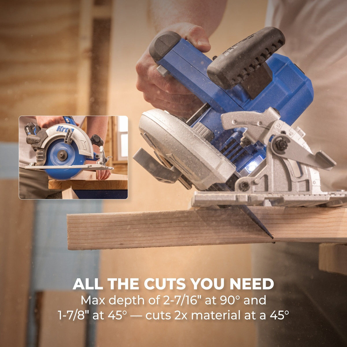 Kreg KPTCS725A 20V Ionic Drive 7-1/4-in Circular Saw cutting beveled lumber on a bench for framing or remodeling work