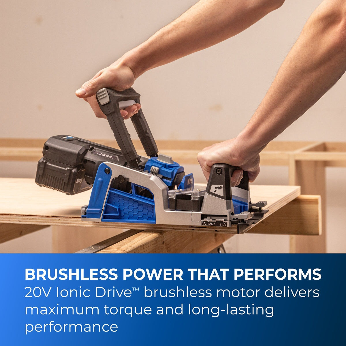 Kreg Rebel™ 20V Ionic Drive™ Pocket-Hole Joiner Kit drilling pocket holes in plywood on a woodworking bench during cabinet and furniture assembly