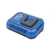 Kreg CRGR401A 20V Blue Ion Fast Charger on a clean workbench setup for charging Kreg Blue Ion batteries between woodworking tasks