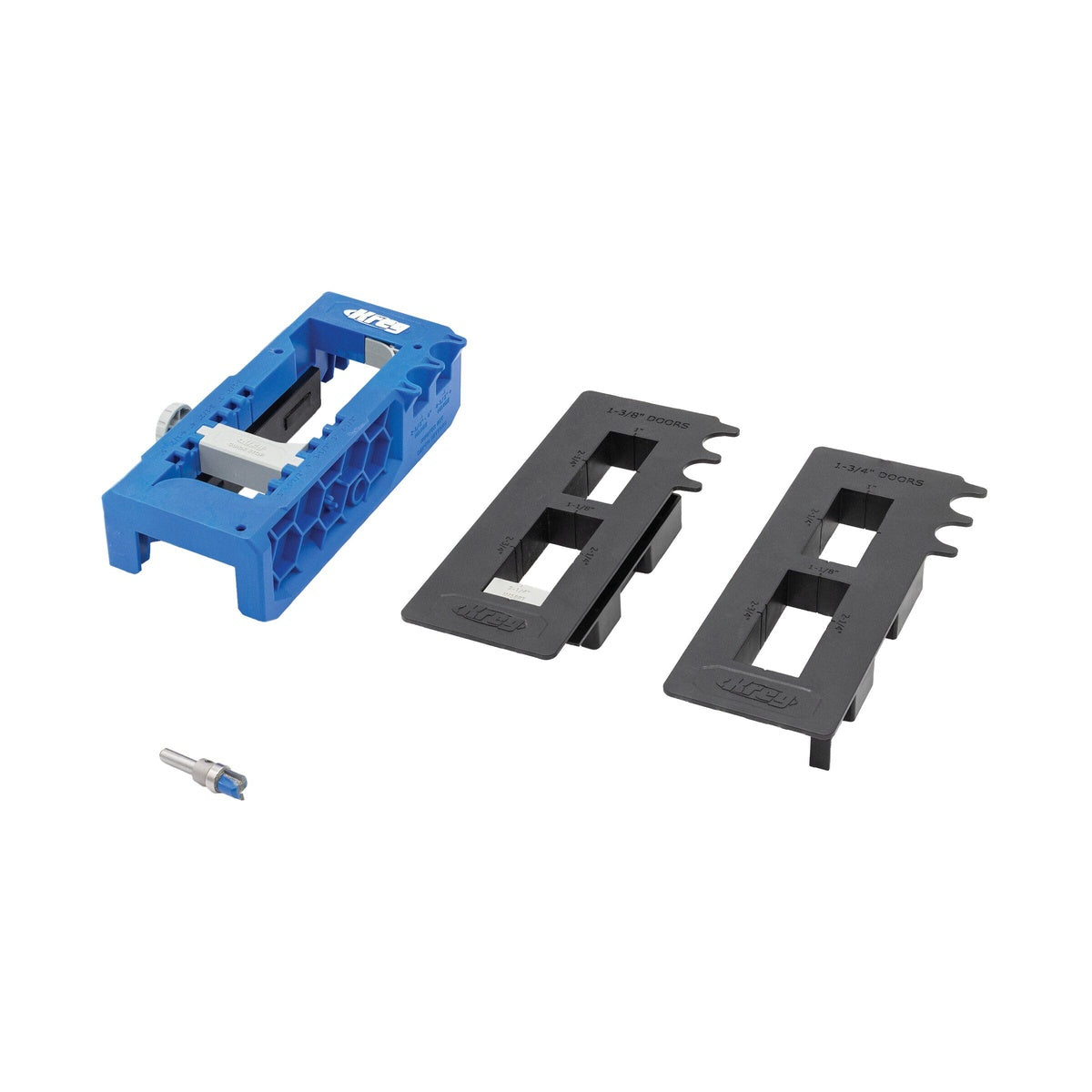 Kreg KRTHJ100 Door Hinge Routing Jig with included latch templates and router bit for door hinge mortising and latch routing on residential doors