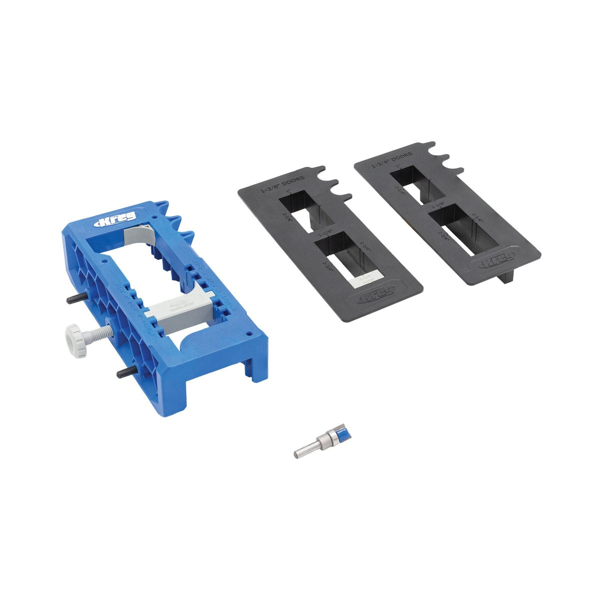 Kreg KRTHJ100 Door Hinge Routing Jig kit components for accurate hinge mortise routing on interior and exterior door installation work