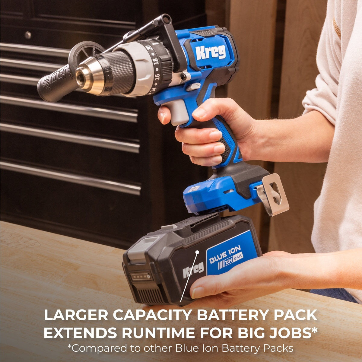 Kreg 20V Blue Ion 8.0Ah Battery Pack installed with a Kreg cordless drill during fastening work at a woodworking bench