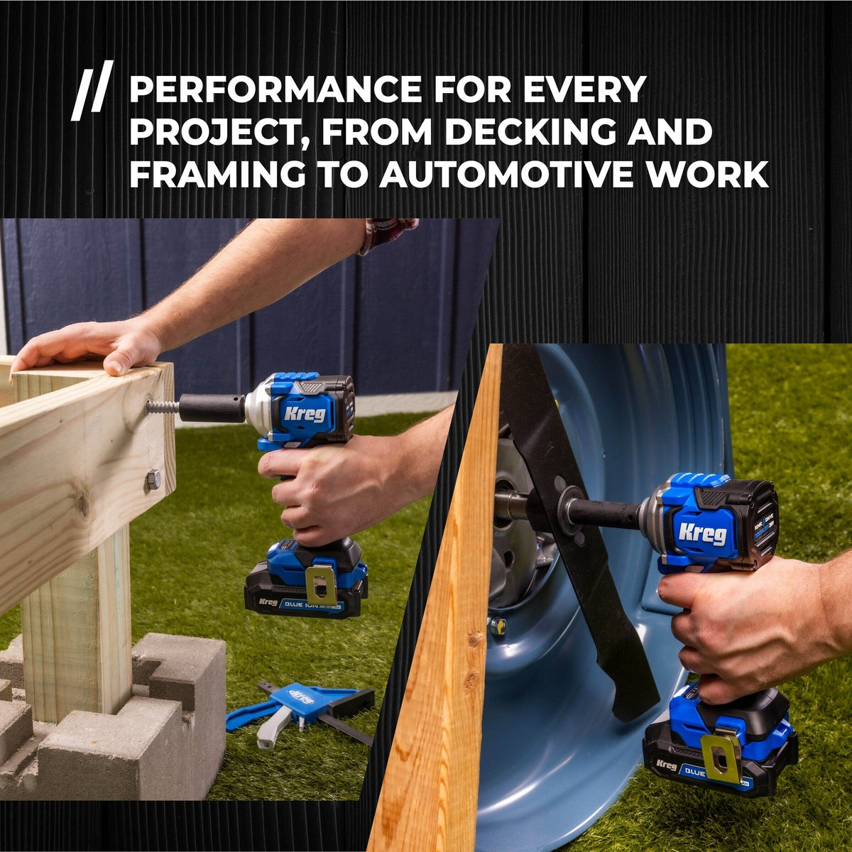 Kreg 20V Ionic Drive 1/2 inch Compact Impact Wrench used for deck framing hardware and automotive fastening tasks