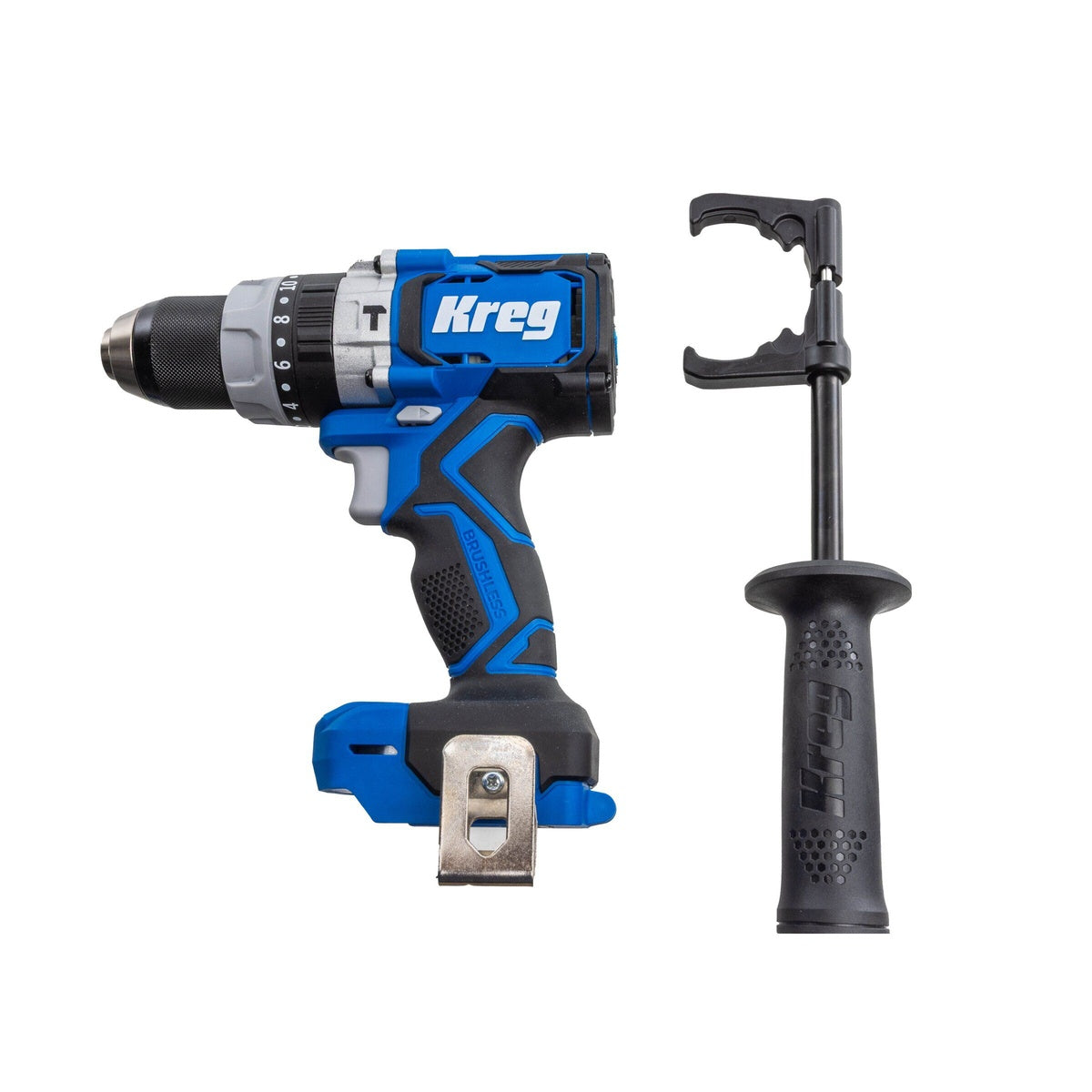 Kreg 20V Ionic Drive 1/2 inch High Speed Hammer Drill with side handle and belt hook for jobsite drilling and fastening setup