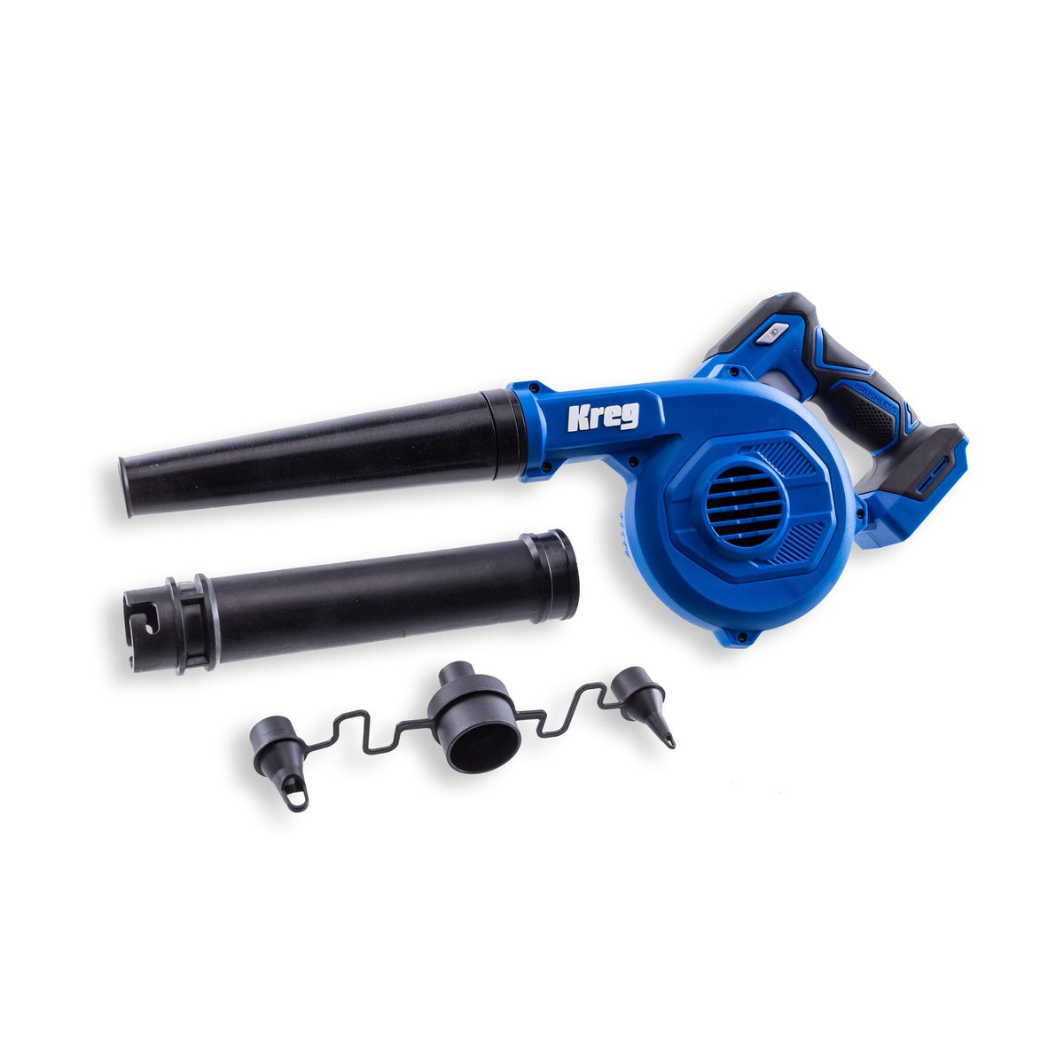 Kreg KPTCB100B 20V Ionic Drive Shop Blower with standard nozzle, extension nozzle, and inflator accessories for shop cleanup and light inflation tasks