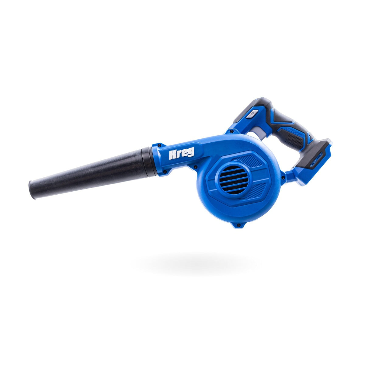 Kreg KPTCB100B 20V Ionic Drive Shop Blower assembled with nozzle for cordless shop cleanup on benches, tools, and work surfaces in a woodworking or garage setting