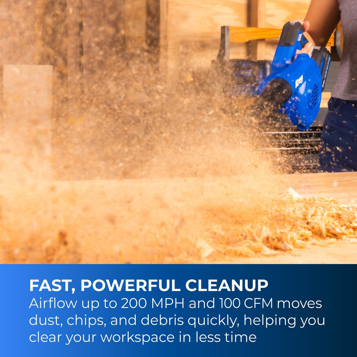 Kreg 20V Cordless 200 MPH Shop Blower Tool Only with Nozzles (KPTCB100B) w/ (1) 20V Blue Ion 2.0Ah Battery and Charger